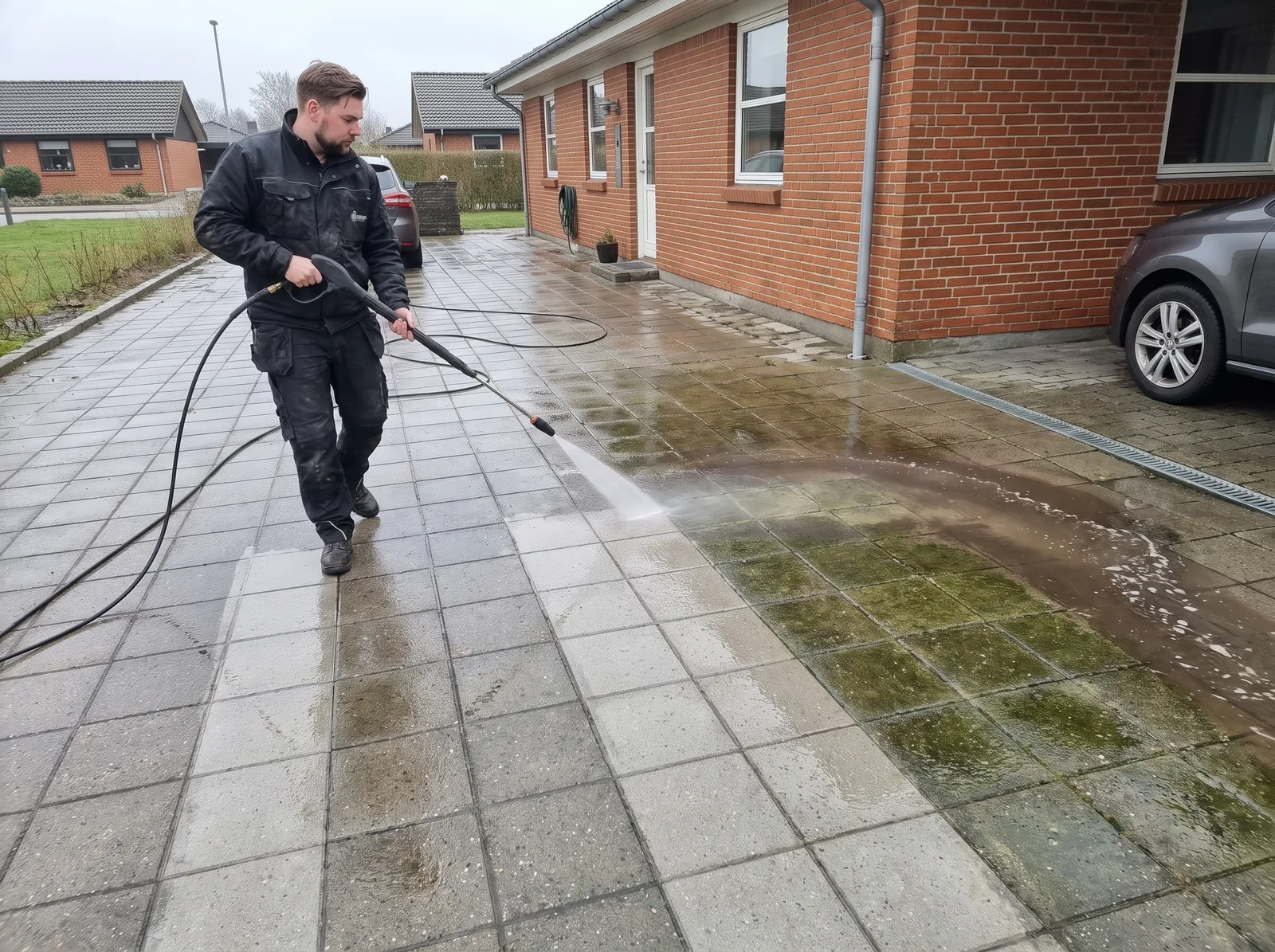 Fliserens: flisemanden højtryksrenser en flisebelagt indkørsel i baner